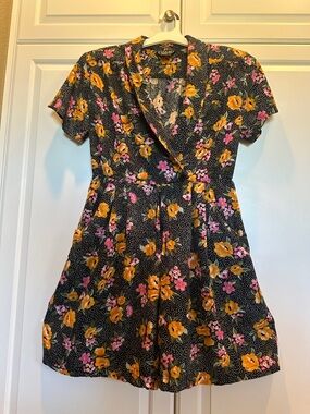 Vintage 80’s 90’s Black Polka Dot Floral Short Sleeve Tuxedo Romper Rayon EUC